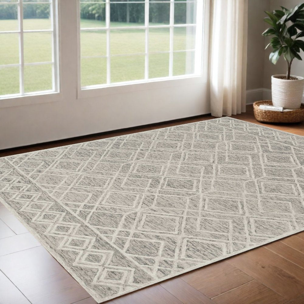 5' X 7' Sand Beige And Ivory Wool Geometric Hand Hooked Area Rug