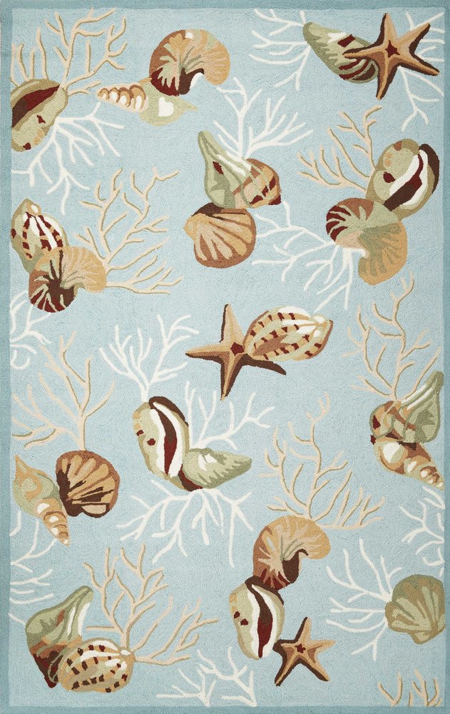 5' X 7' Blue Beige And Green Seashell and Coral Hand Hooked Area Rug