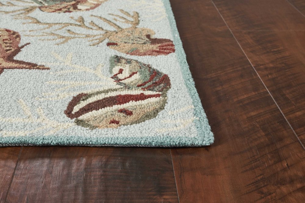 5' X 7' Blue Beige And Green Seashell and Coral Hand Hooked Area Rug