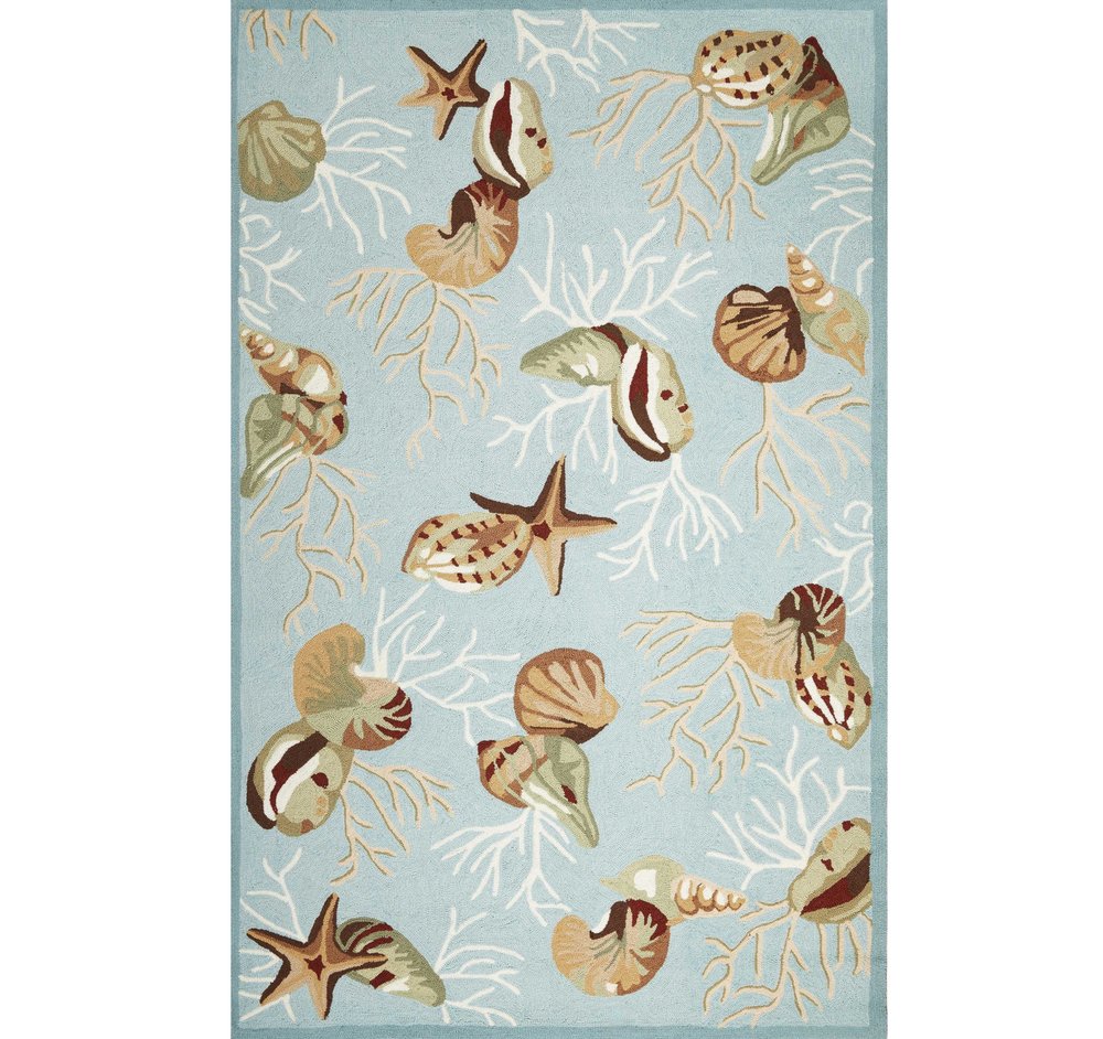 5' X 7' Blue Beige And Green Seashell and Coral Hand Hooked Area Rug