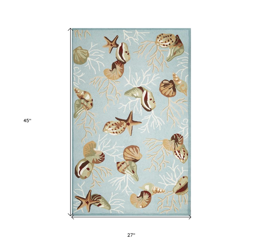 5' X 7' Blue Beige And Green Seashell and Coral Hand Hooked Area Rug