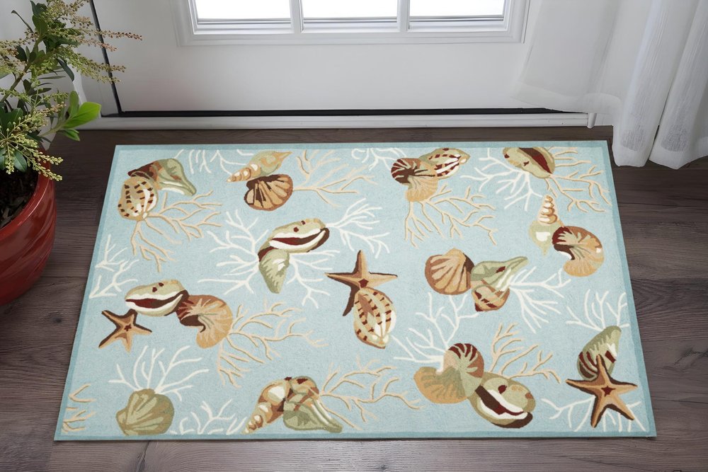 5' X 7' Blue Beige And Green Seashell and Coral Hand Hooked Area Rug