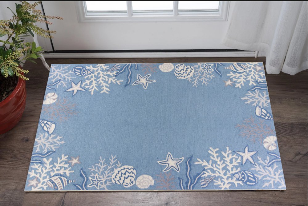 8' X 10' Blue Gray And White Fish and Coral Hand Tufted Area Rug