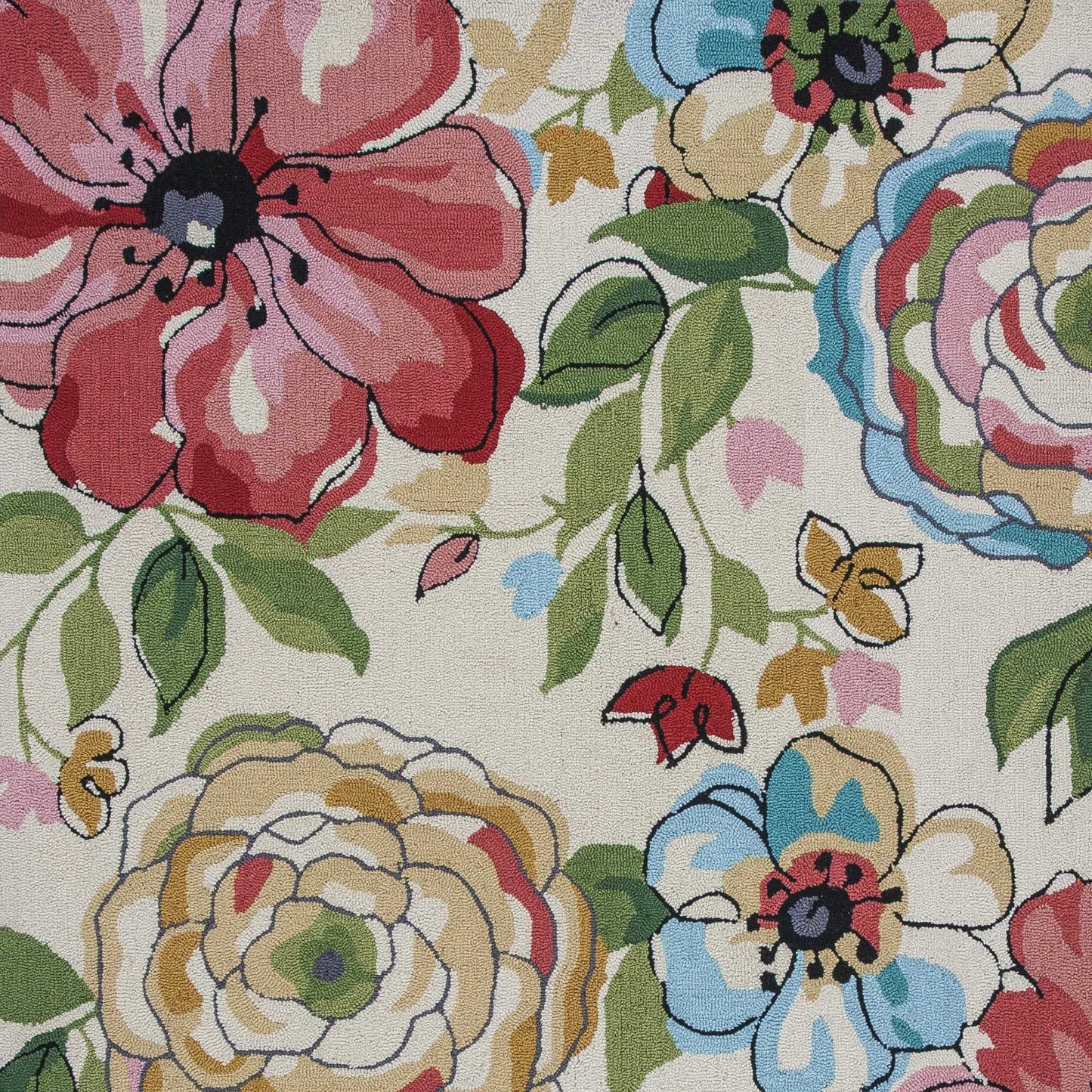 8' X 8' Sand Blue And Red Floral Hand Hooked Round Rug