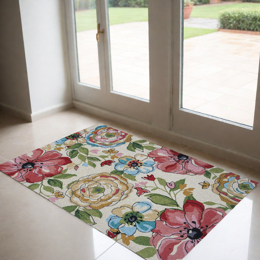8' X 8' Sand Blue And Red Floral Hand Hooked Round Rug