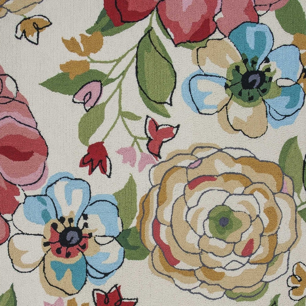 8' X 8' Sand Blue And Red Floral Hand Hooked Round Rug