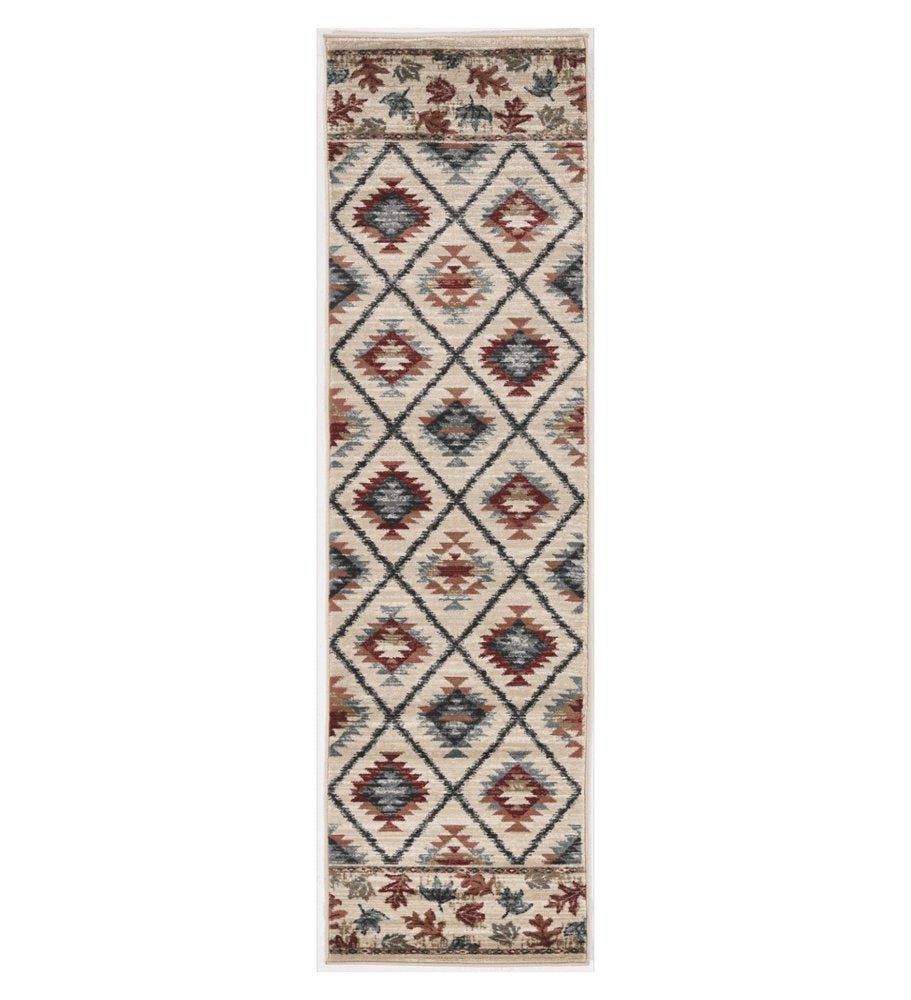8' Ivory Red And Gray Southwestern Runner Rug