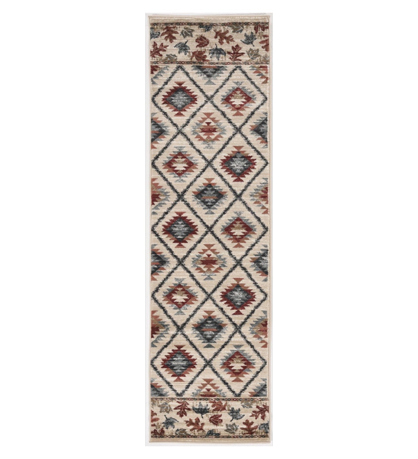 8' Ivory Red And Gray Southwestern Runner Rug