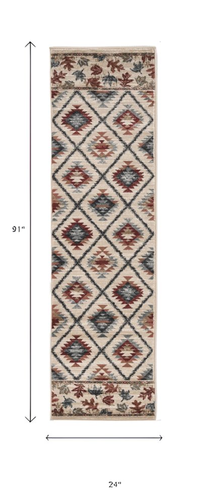 8' Ivory Red And Gray Southwestern Runner Rug
