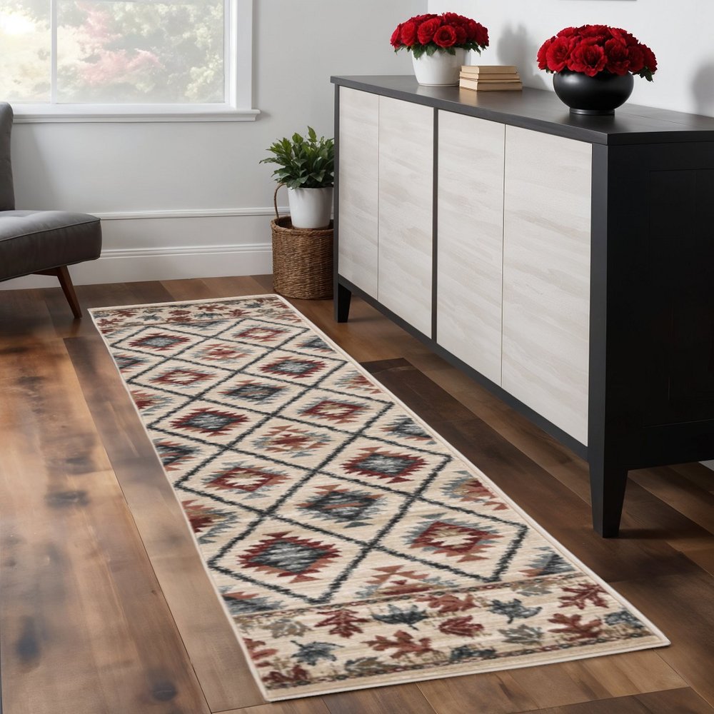 8' Ivory Red And Gray Southwestern Runner Rug