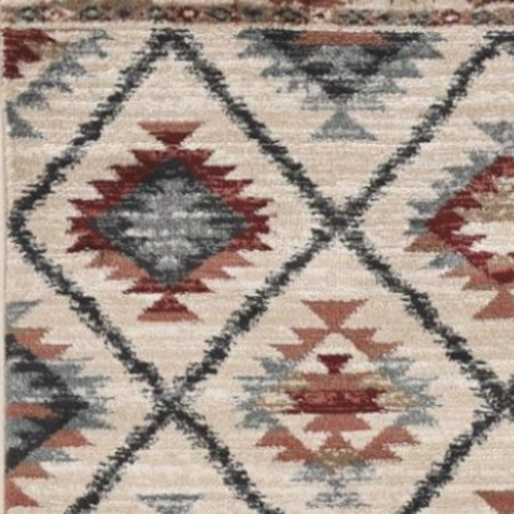 8' Ivory Red And Gray Southwestern Runner Rug