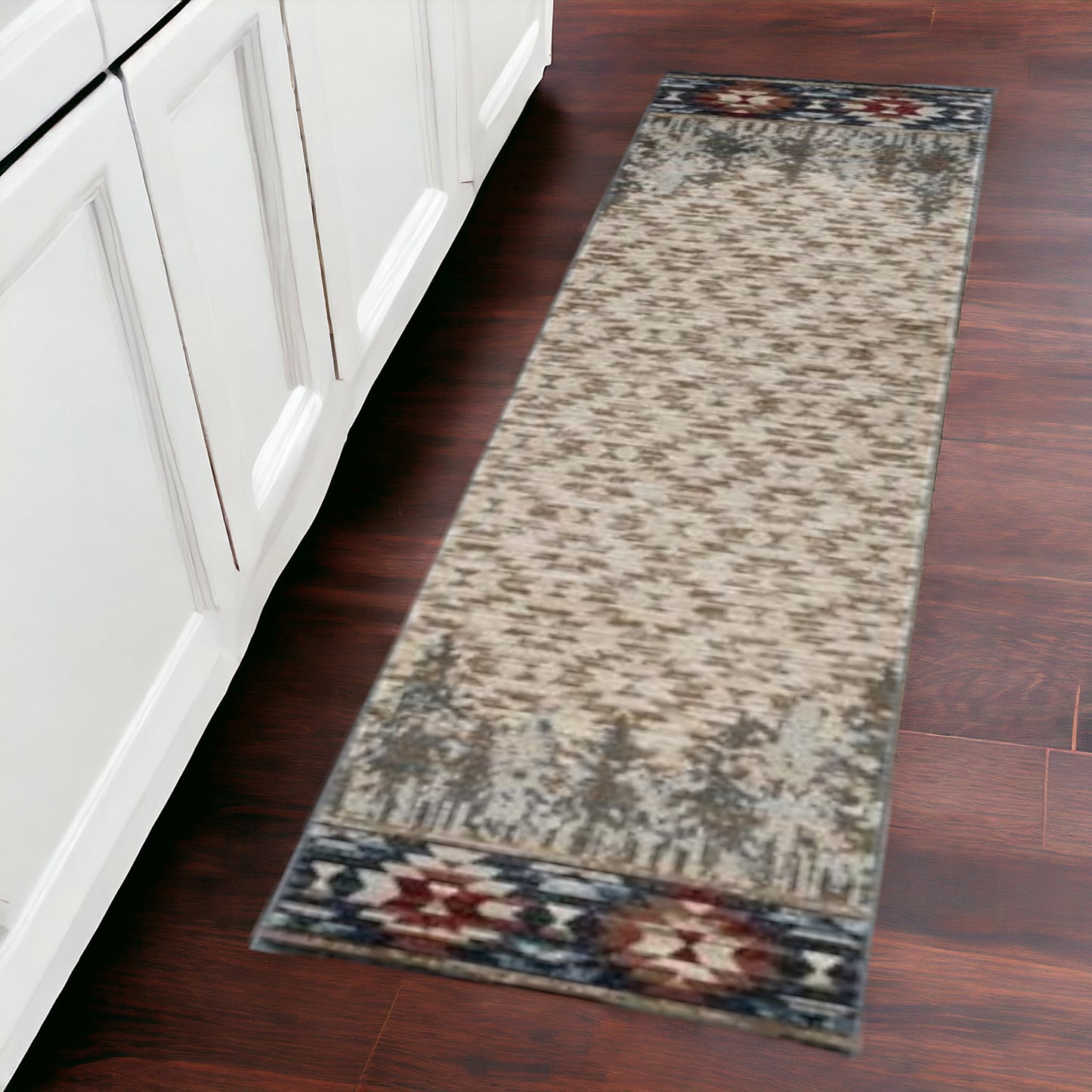 5' X 8' Ivory Green And Red Abstract Area Rug