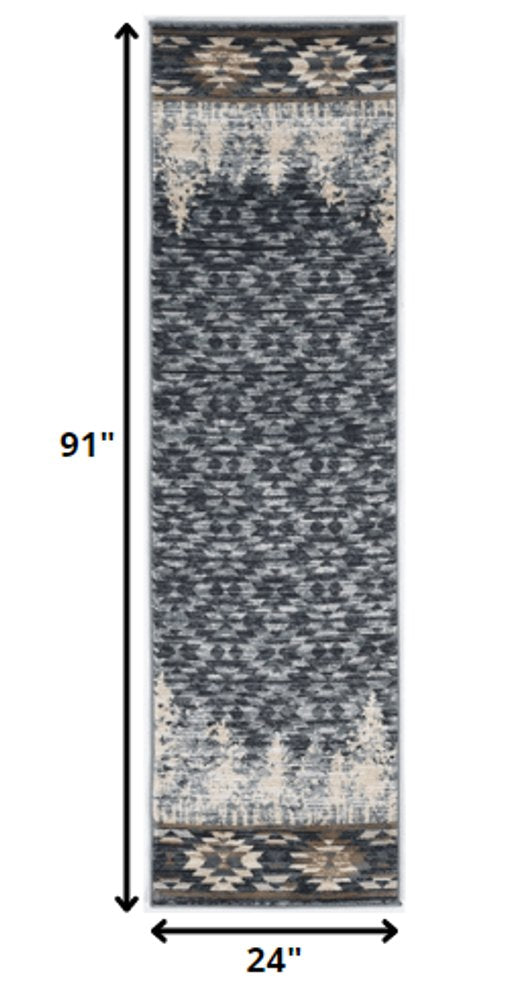 5' X 8' Slate Blue And Ivory Southwestern Area Rug