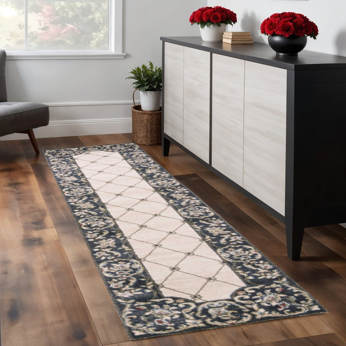 8' Ivory And Red Floral Runner Rug