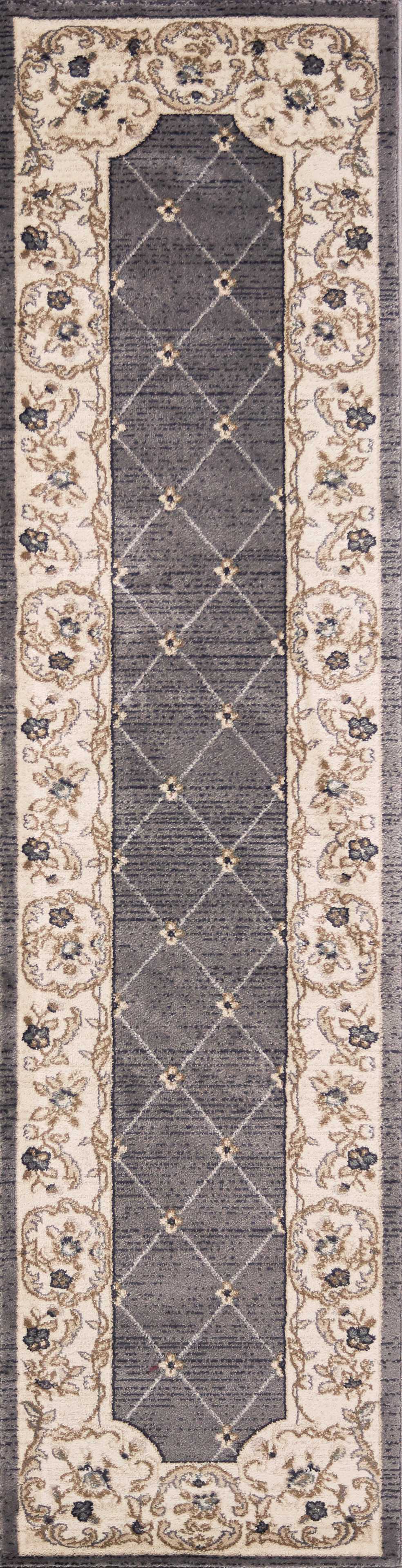 8' Gray And Ivory Floral Runner Rug