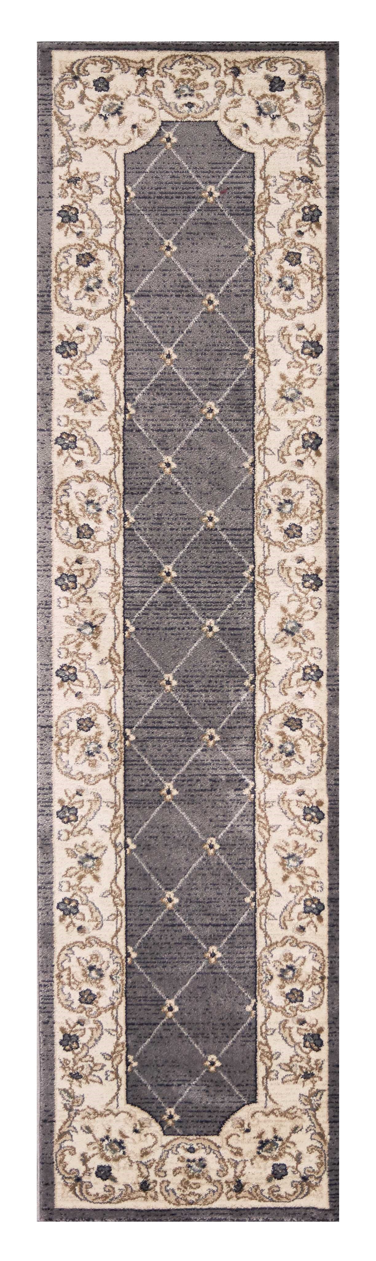 8' Gray And Ivory Floral Runner Rug