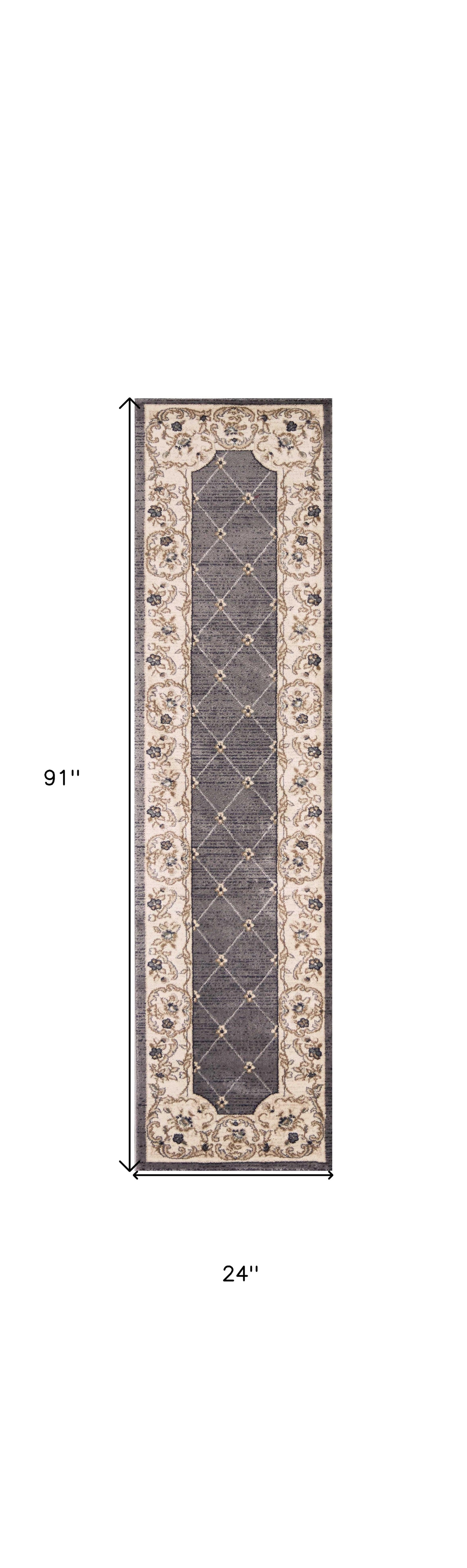 8' Gray And Ivory Floral Runner Rug