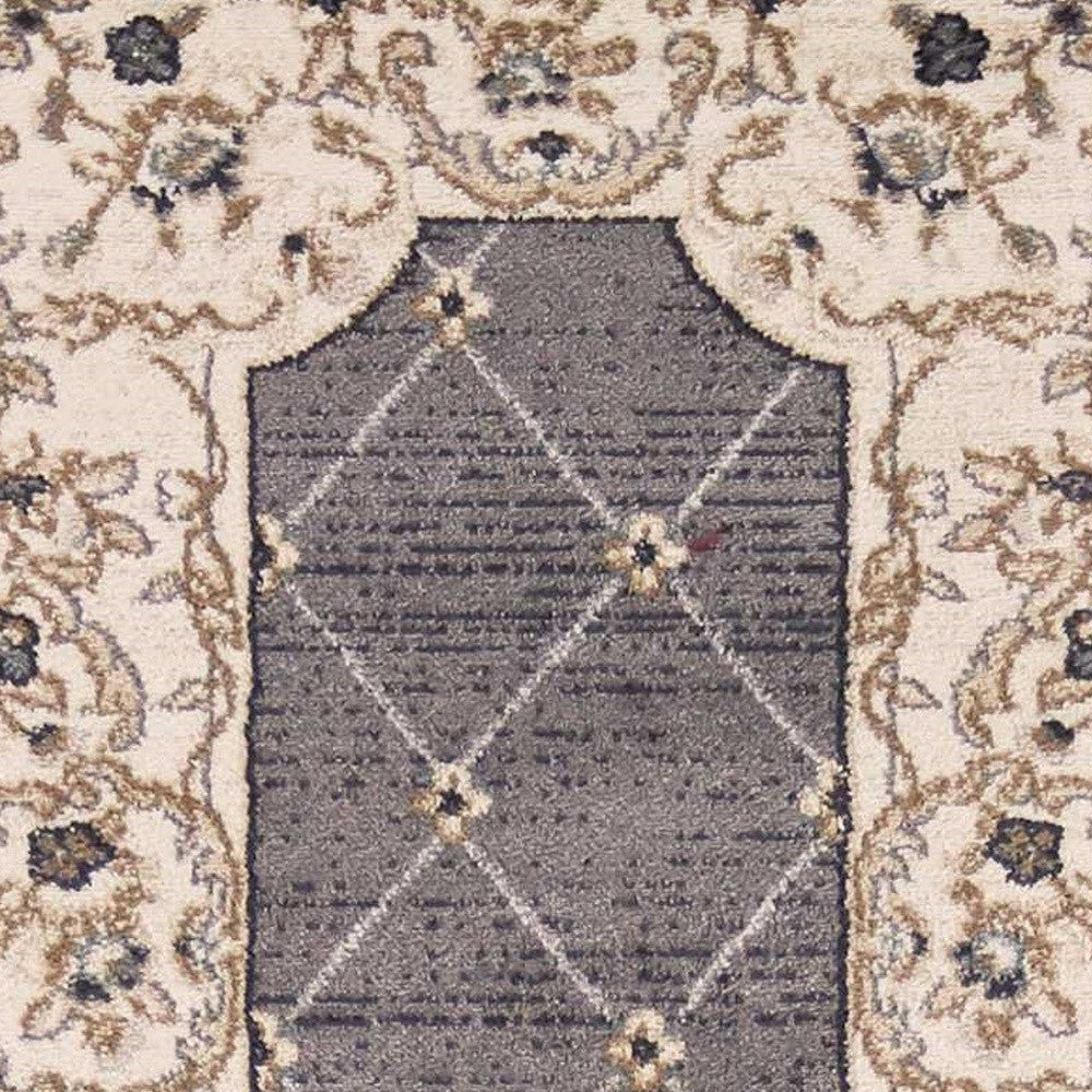 8' Gray And Ivory Floral Runner Rug