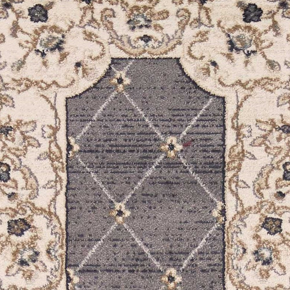 8' Gray And Ivory Floral Runner Rug