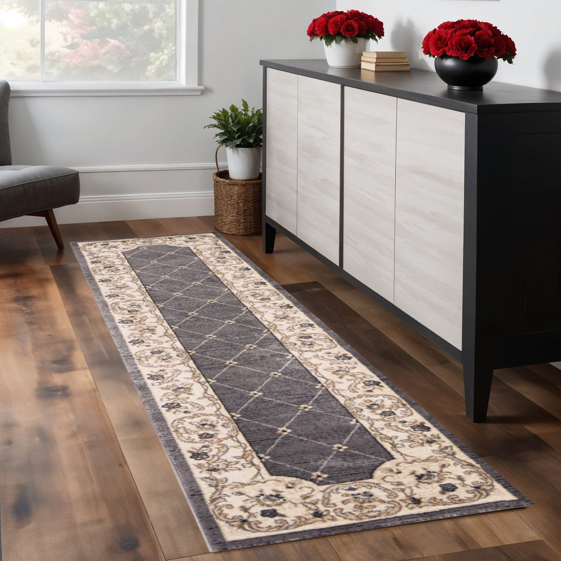 8' Gray And Ivory Floral Runner Rug