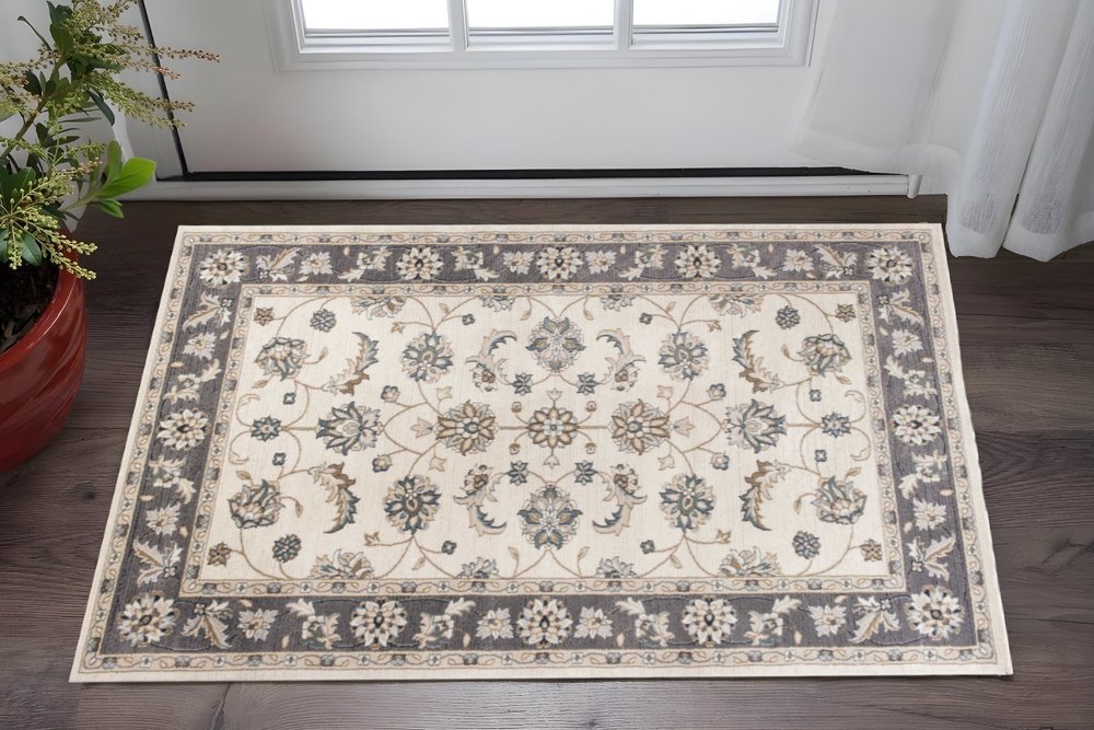 3' X 5' Gray And Ivory Floral Medallion Area Rug