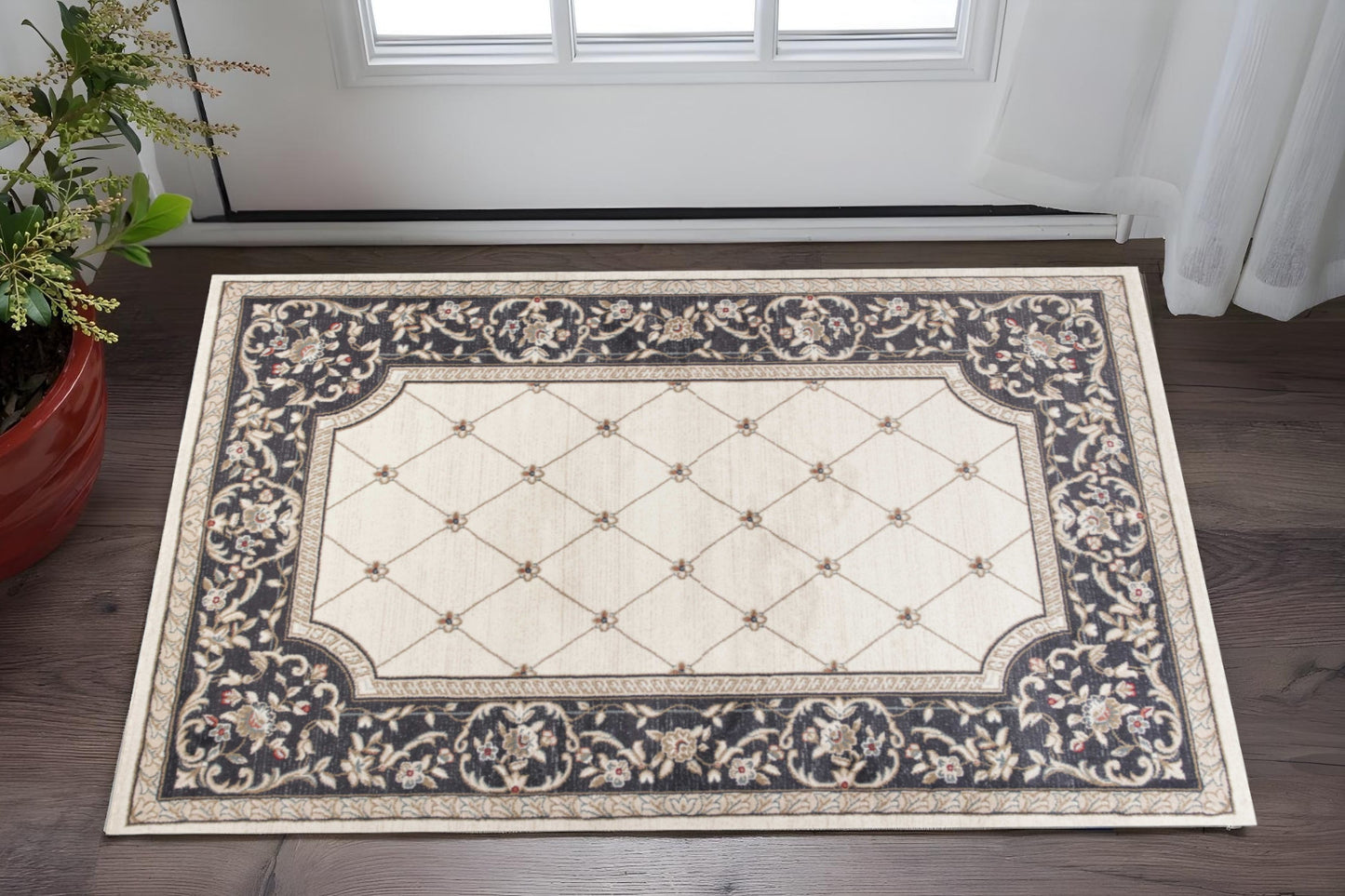 8' Ivory And Red Floral Runner Rug