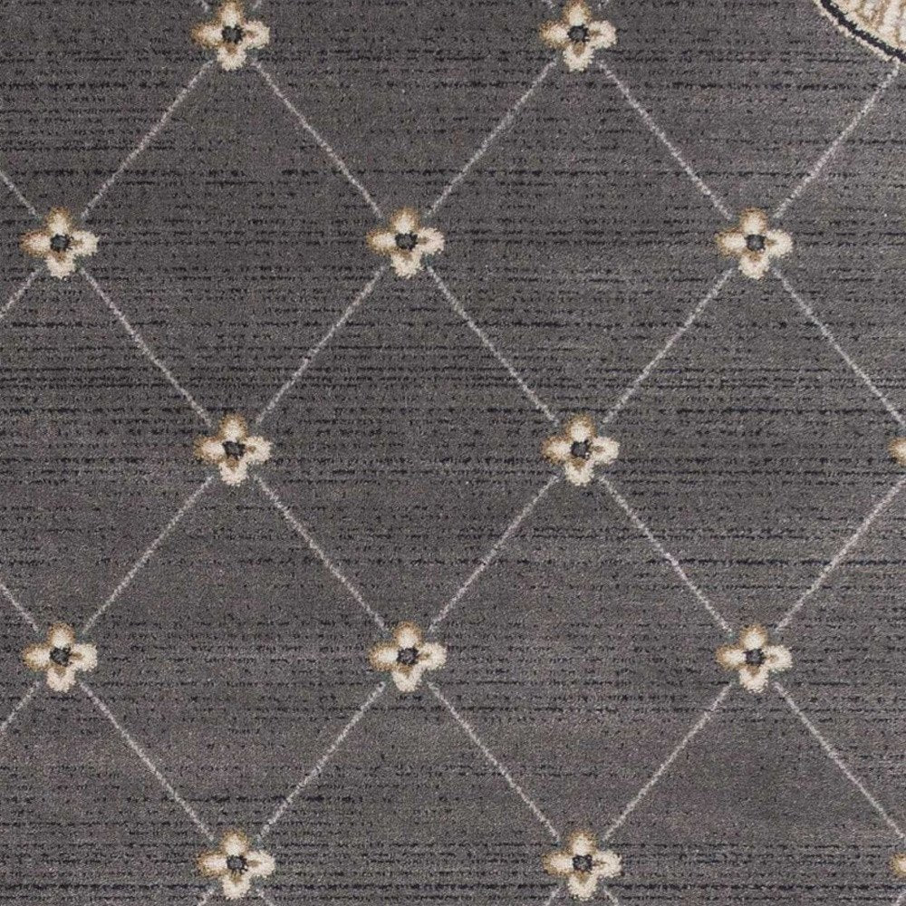 8' Gray And Ivory Floral Runner Rug