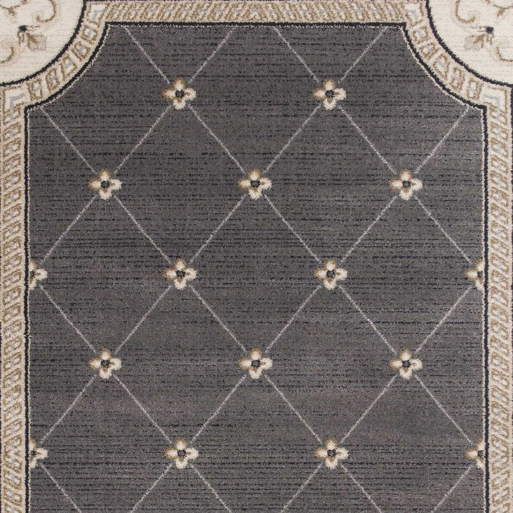 8' Gray And Ivory Floral Runner Rug