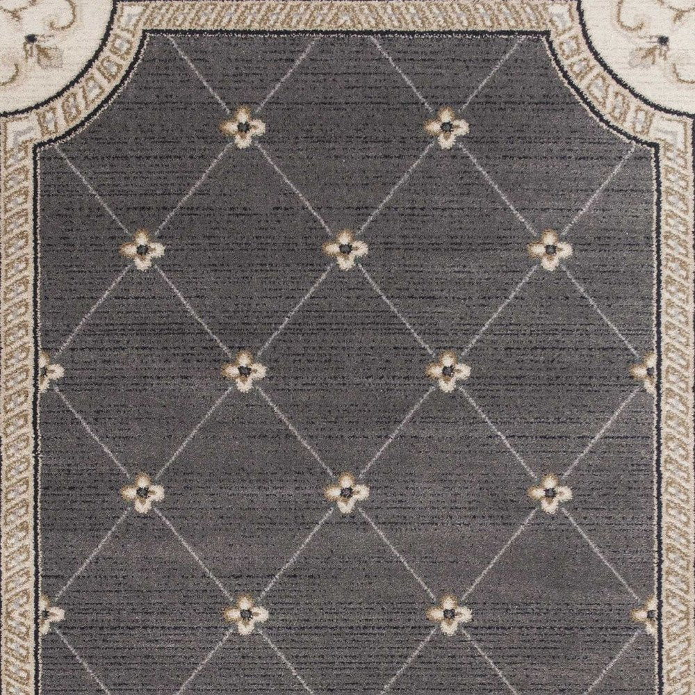 8' Gray And Ivory Floral Runner Rug