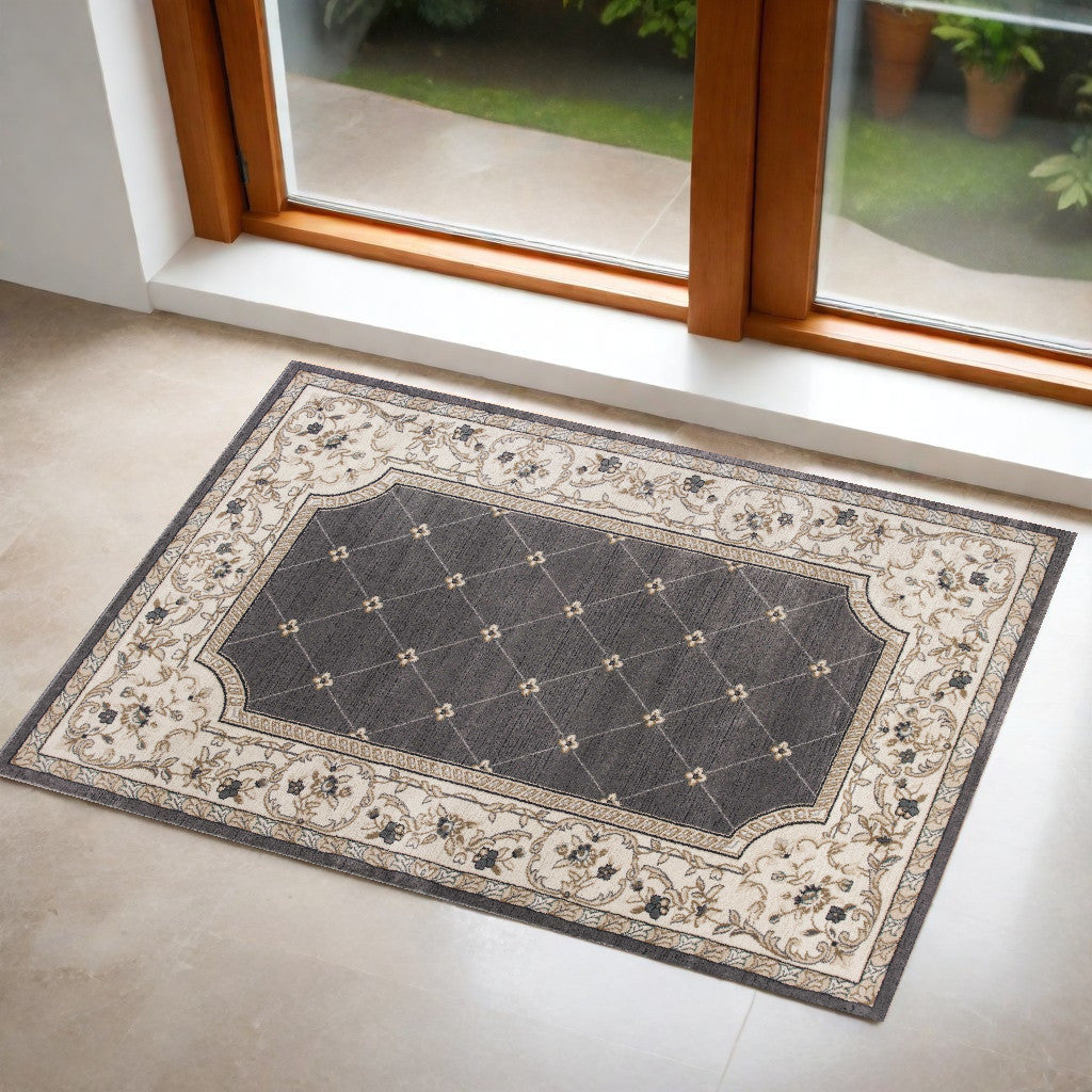 8' Gray And Ivory Floral Runner Rug