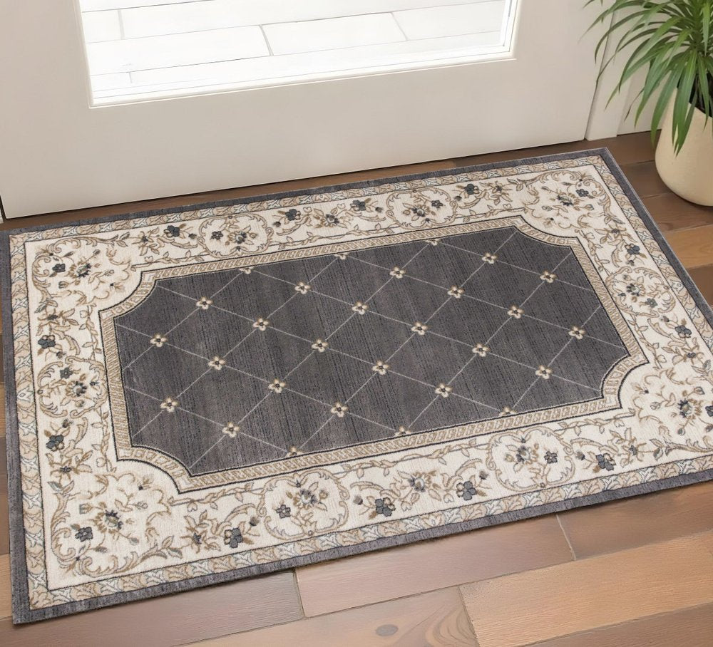 8' Gray And Ivory Floral Runner Rug