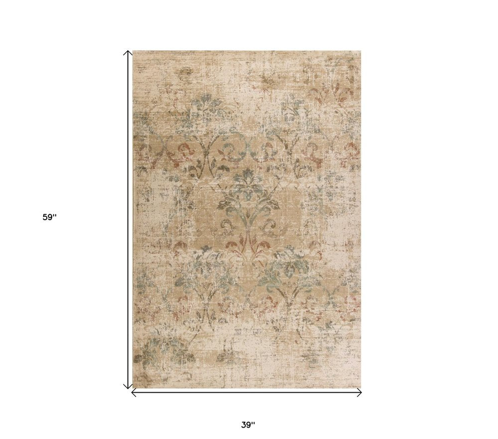 7' Champagne And Beige Damask Runner Rug