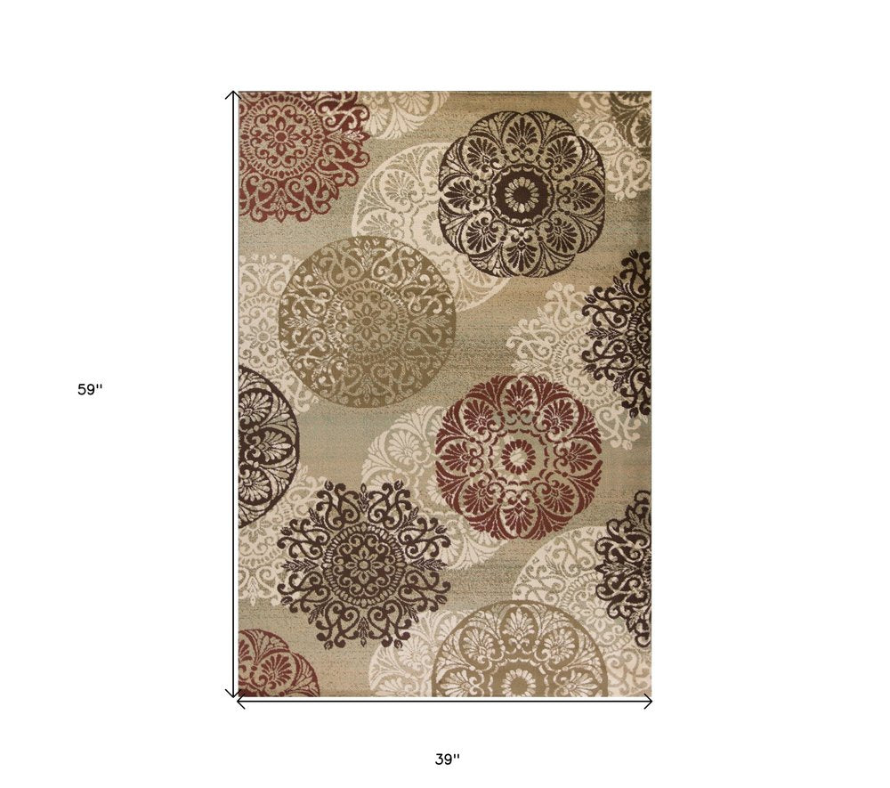 8' Sage Brown And Ivory Floral Medallion Runner Rug