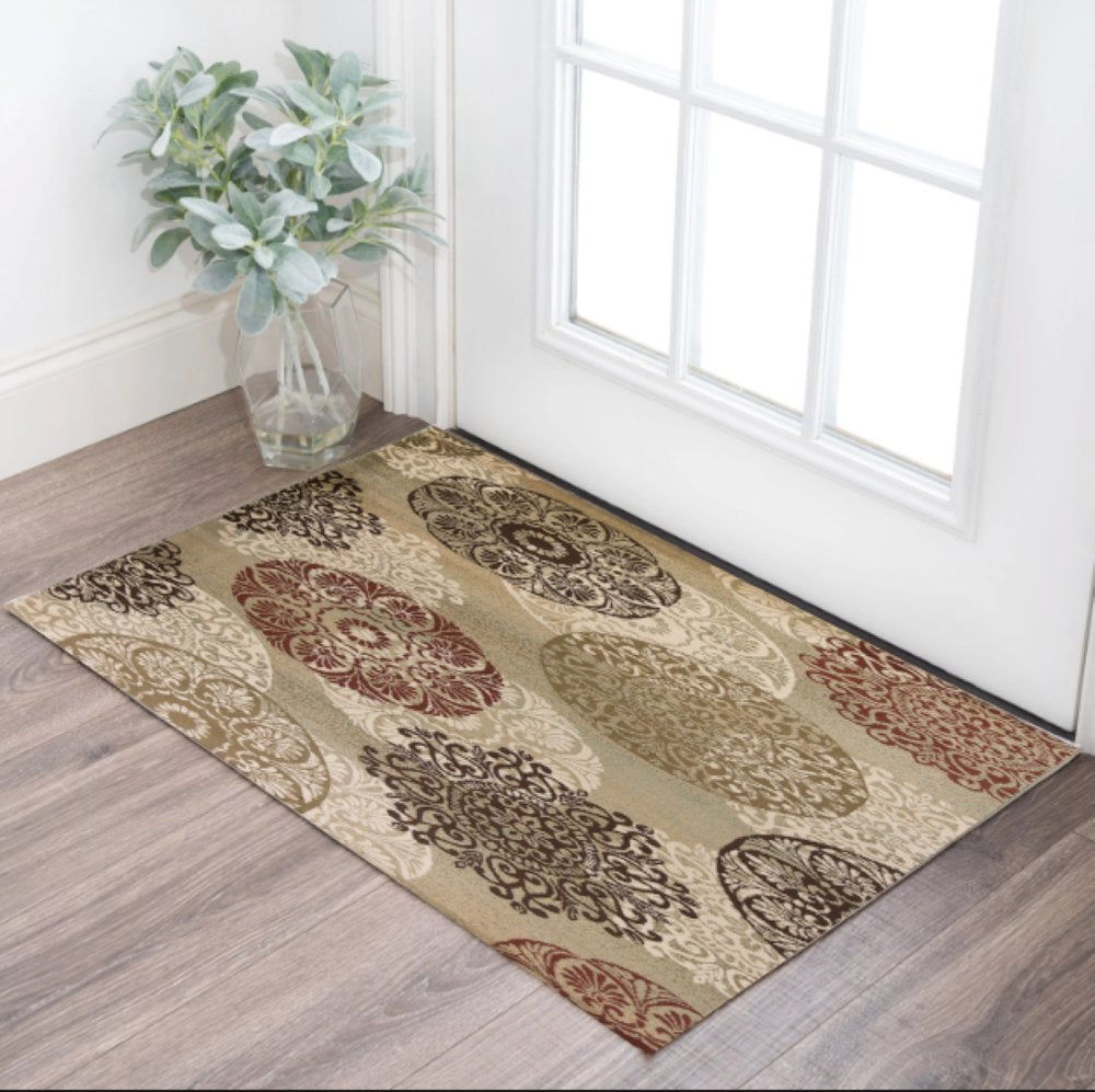 8' Sage Brown And Ivory Floral Medallion Runner Rug