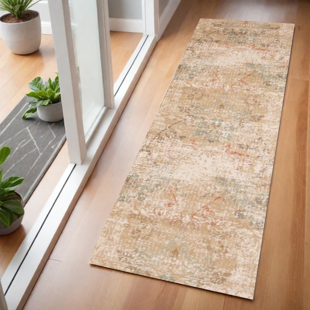 7' Champagne And Beige Damask Runner Rug
