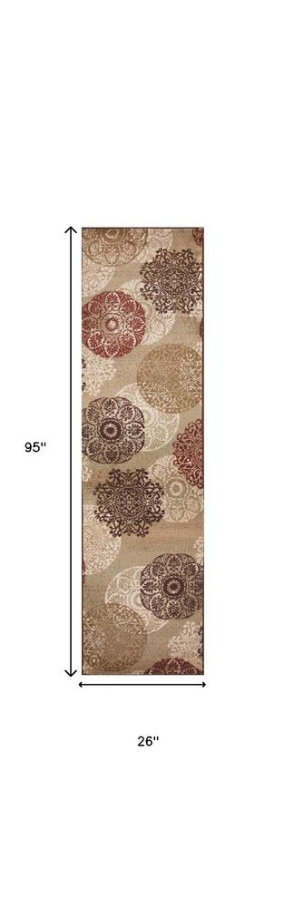 8' Sage Brown And Ivory Floral Medallion Runner Rug