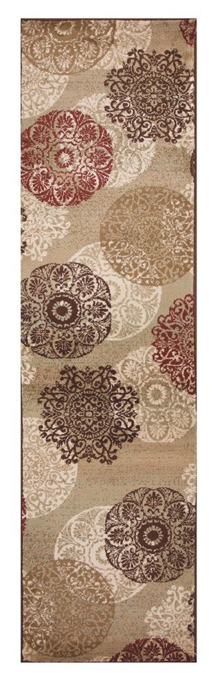 8' Sage Brown And Ivory Floral Medallion Runner Rug