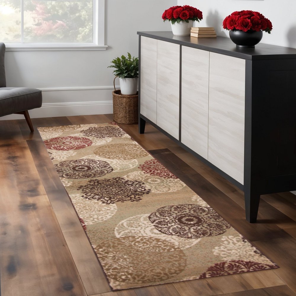 8' Sage Brown And Ivory Floral Medallion Runner Rug