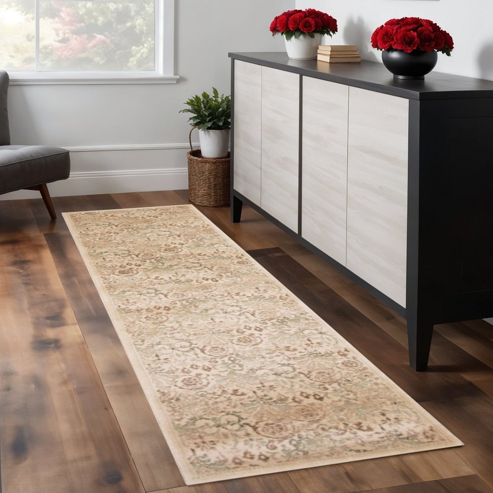 7' Ivory And Brown Floral Medallion Runner Rug