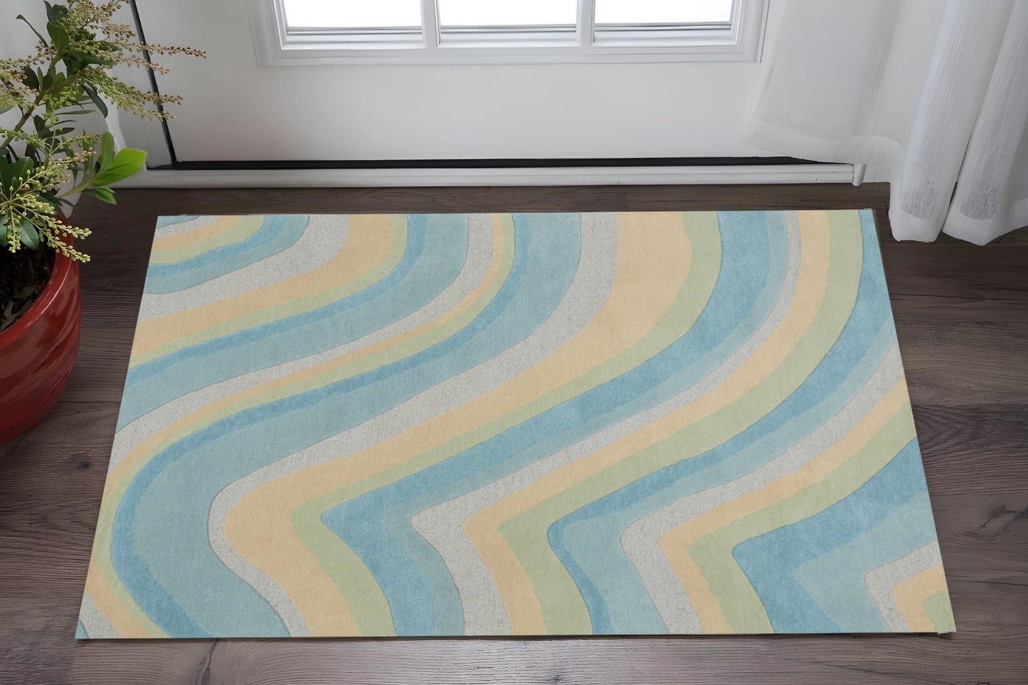 8' Ocean Blue Beige Hand Tufted Abstract Waves Indoor Runner Rug