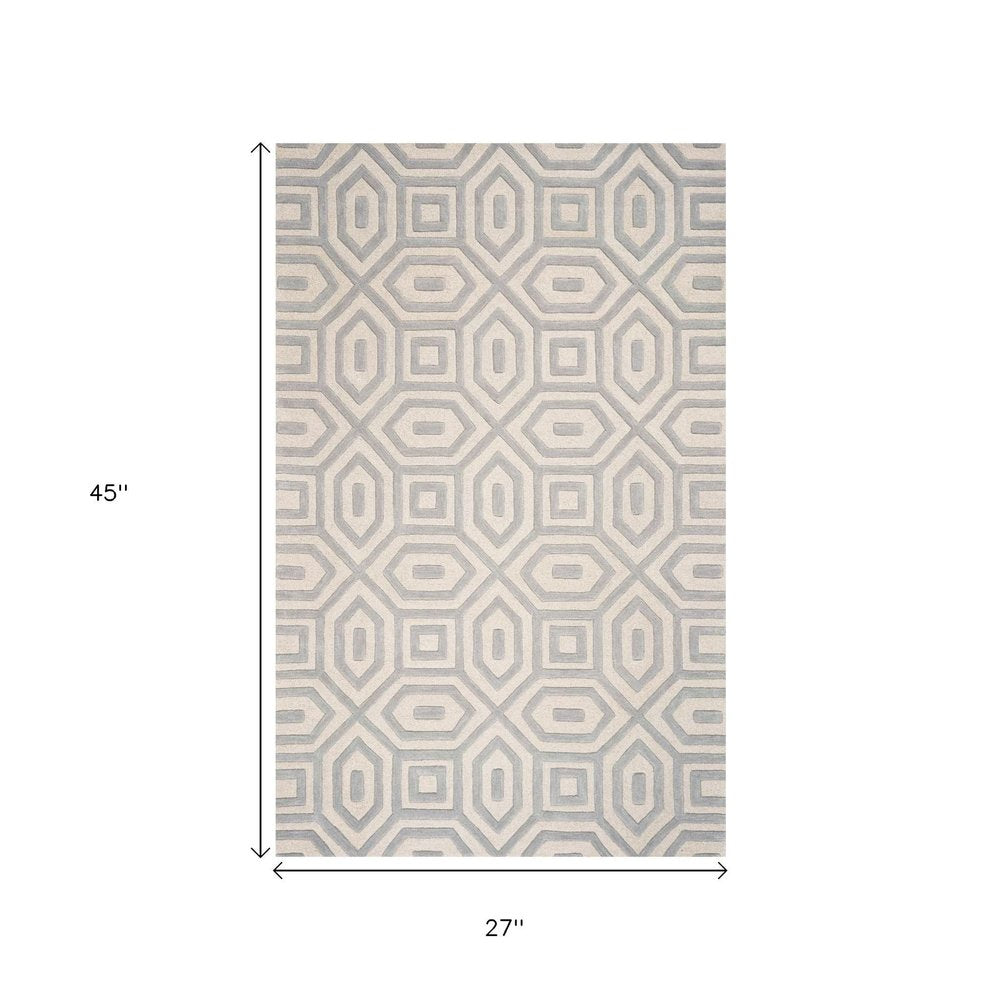 2' X 4' Gray And Ivory Wool Geometric Hand Tufted Area Rug
