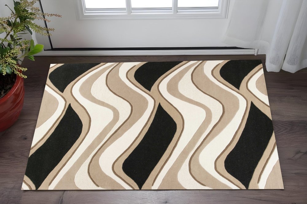 7' Beige And Black Wool Abstract Hand Tufted Runner Rug