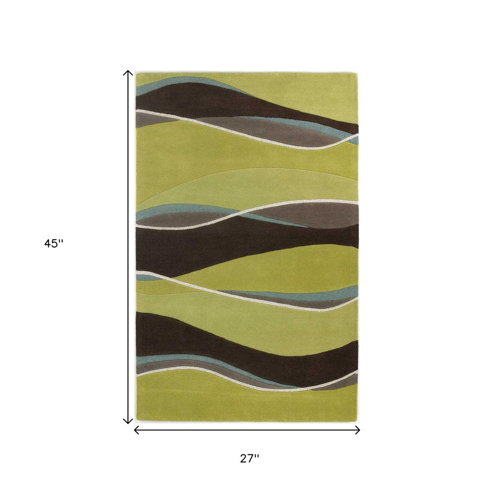 2' X 4' Lime Green Brown And Blue Wool Abstract Hand Tufted Area Rug