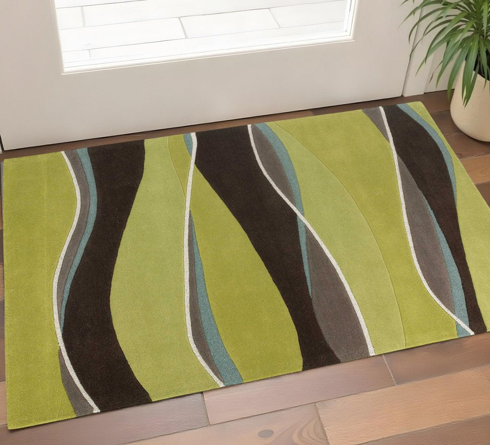 2' X 4' Lime Green Brown And Blue Wool Abstract Hand Tufted Area Rug
