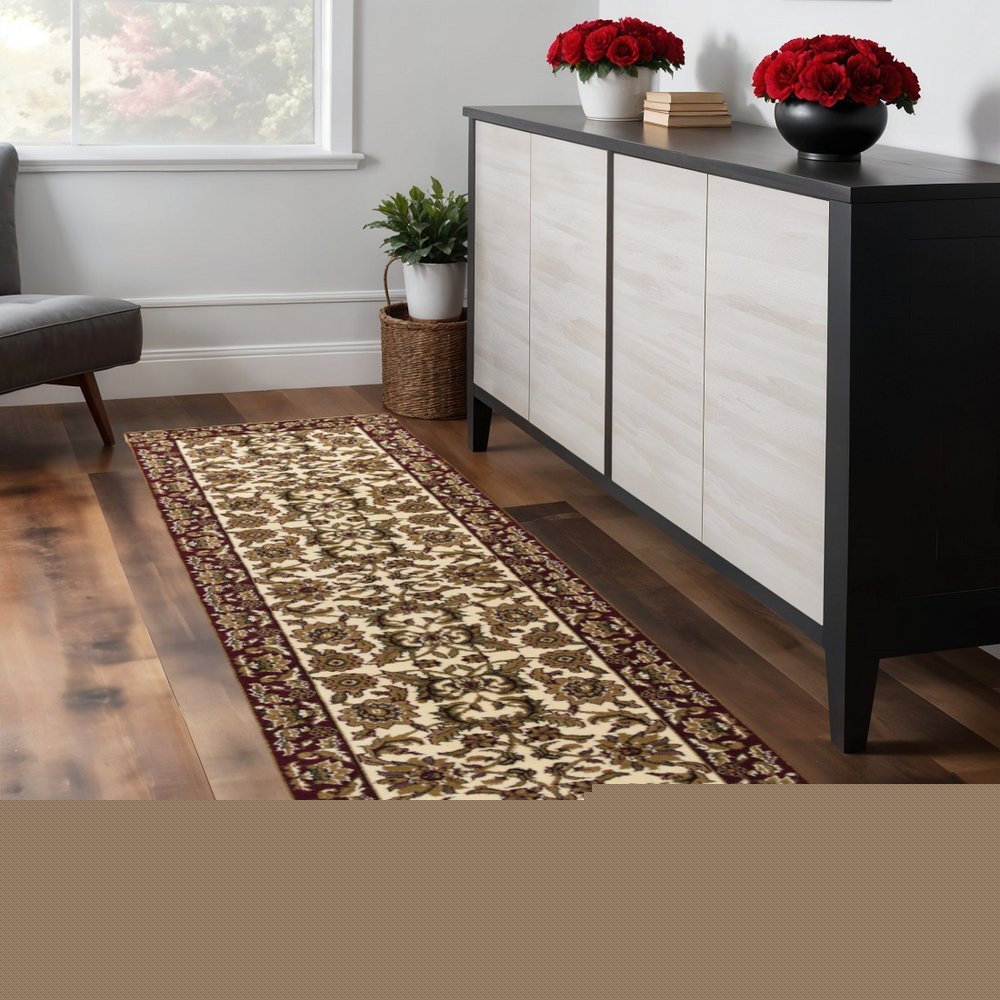 8' Red And Ivory Floral Medallion Runner Rug