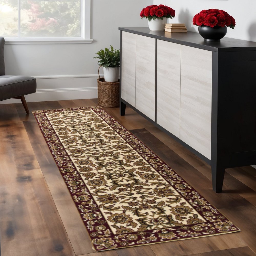 8' Red And Ivory Floral Medallion Runner Rug