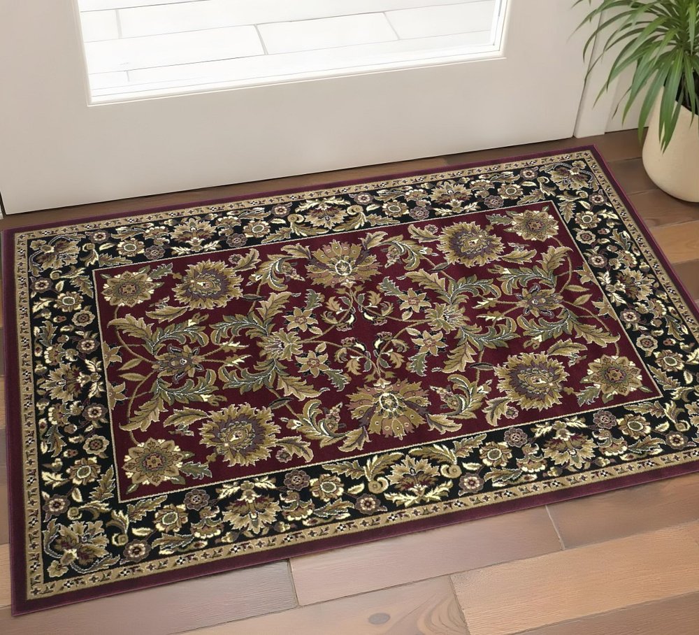 3' X 5' Red And Black Floral Medallion Area Rug