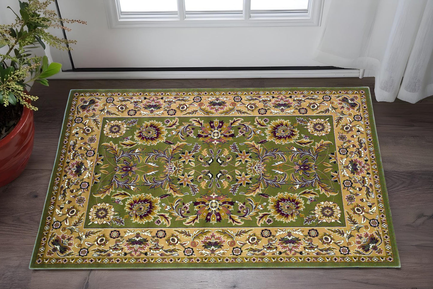 3' X 5' Green And Taupe Floral Area Rug