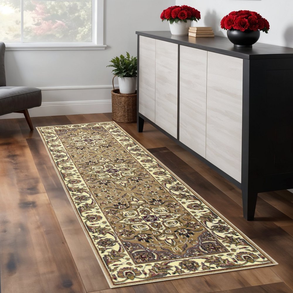 8' Beige And Ivory Floral Runner Rug