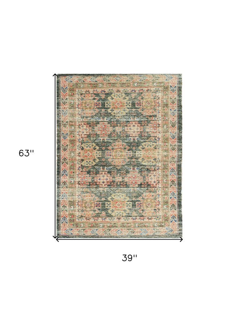 3' X 5' Brick Red Green And Brown Jute Southwestern Hand Woven Distressed Area Rug